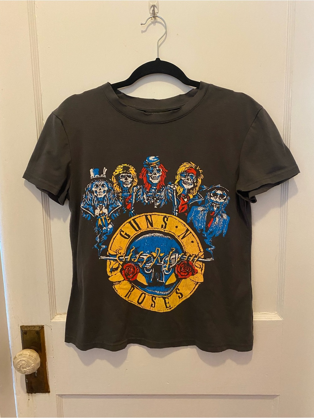 HAODUOYI  Vintage Guns N Roses Grey Tee with Blue & Yellow Graphic